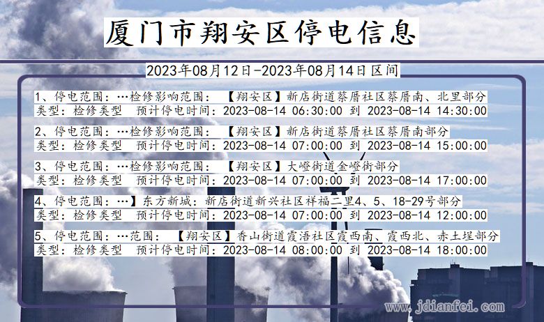 福建省厦门翔安停电通知