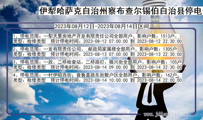 新疆维吾尔自治区伊犁哈萨克自治州察布查尔锡伯自治停电通知