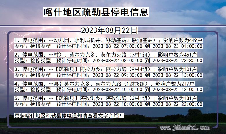 新疆维吾尔自治区喀什地区疏勒停电通知