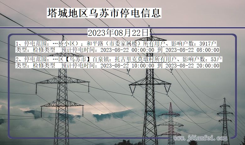 新疆维吾尔自治区塔城地区乌苏停电通知