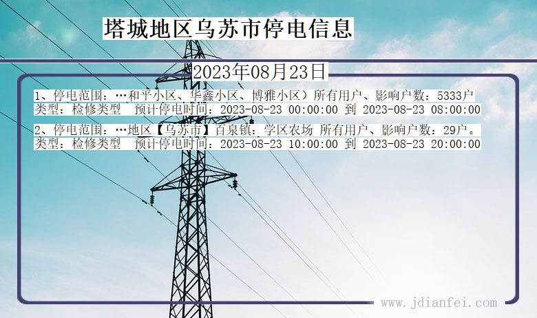 新疆维吾尔自治区塔城地区乌苏停电通知