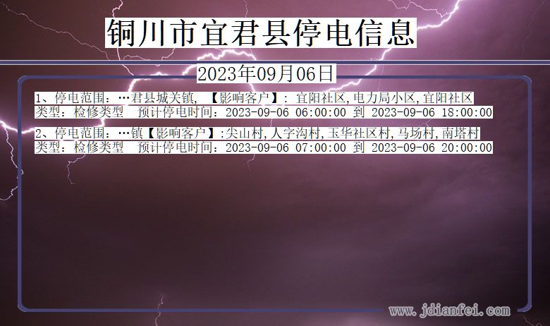 陕西省铜川宜君停电通知