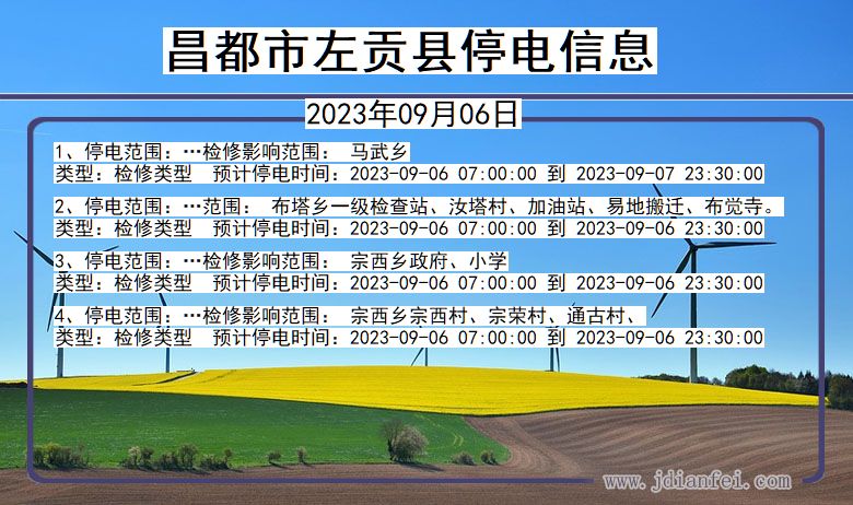 西藏自治区昌都左贡停电通知