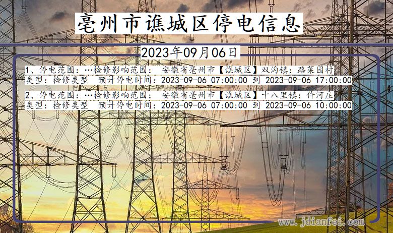 谯城停电查询_2023年09月06日后亳州谯城停电通知