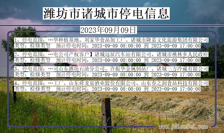 山东省潍坊诸城停电通知