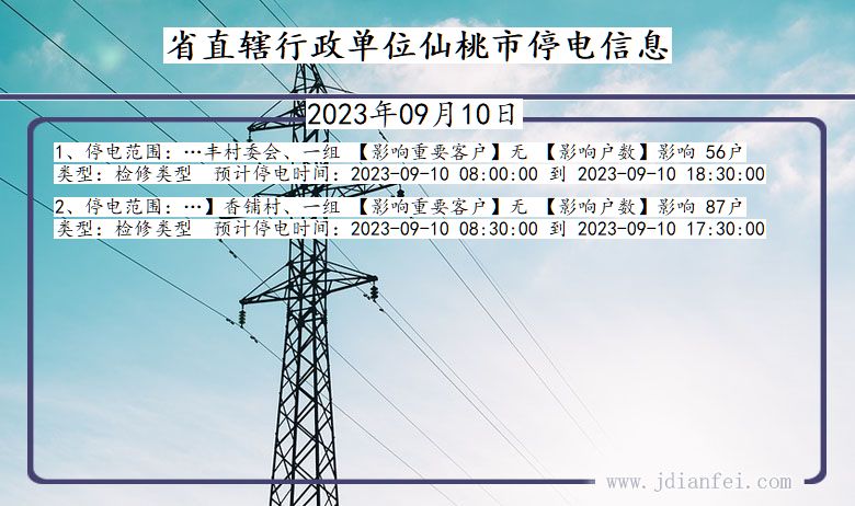 湖北省省直辖行政单位仙桃停电通知