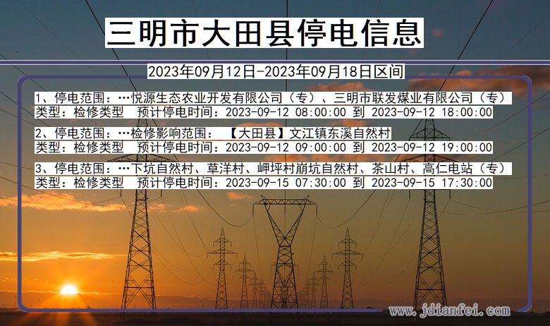 福建省三明大田停电通知