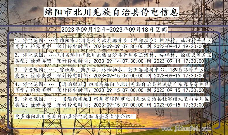 四川省绵阳北川羌族自治停电通知