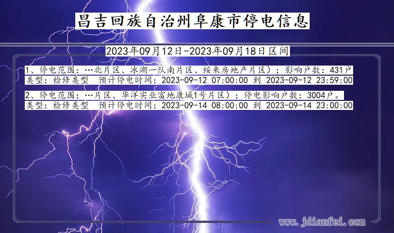 新疆维吾尔自治区昌吉回族自治州阜康停电通知