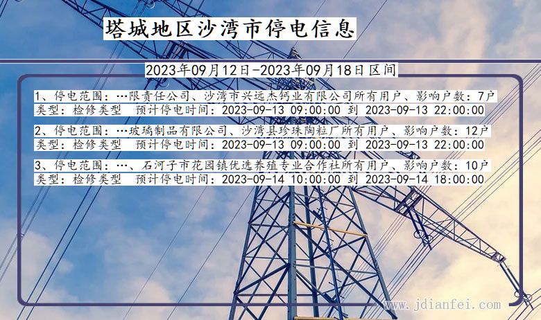 新疆维吾尔自治区塔城地区沙湾停电通知