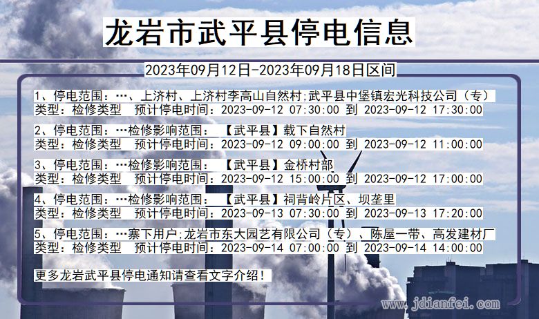 福建省龙岩武平停电通知