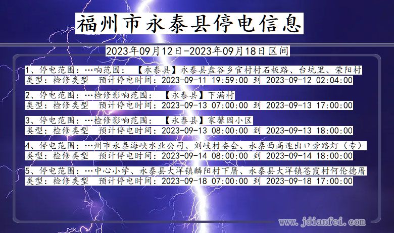 福建省福州永泰停电通知