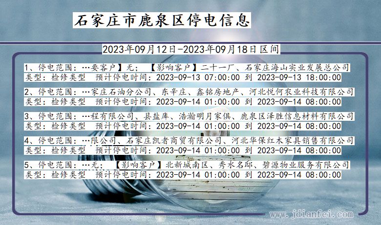 河北省石家庄鹿泉停电通知