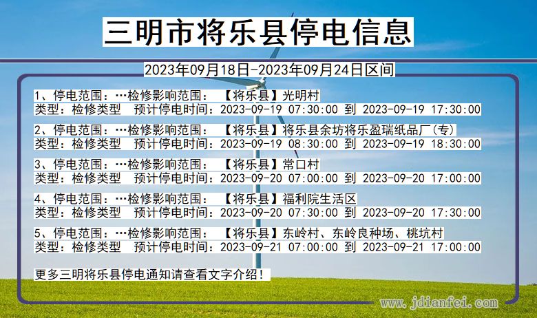 福建省三明将乐停电通知