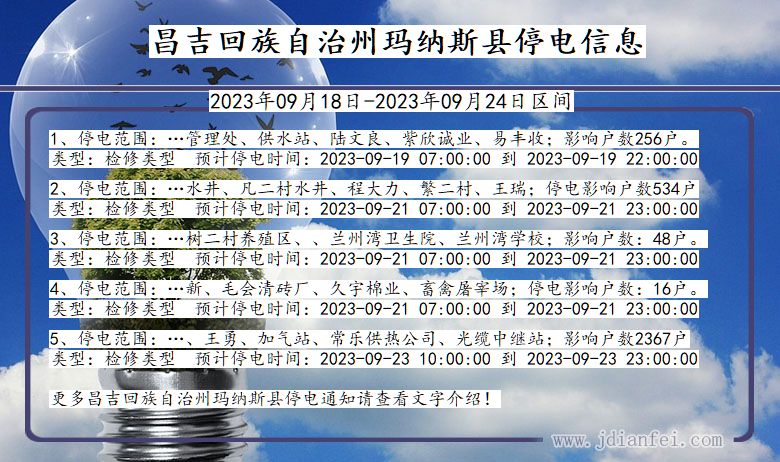 新疆维吾尔自治区昌吉回族自治州玛纳斯停电通知