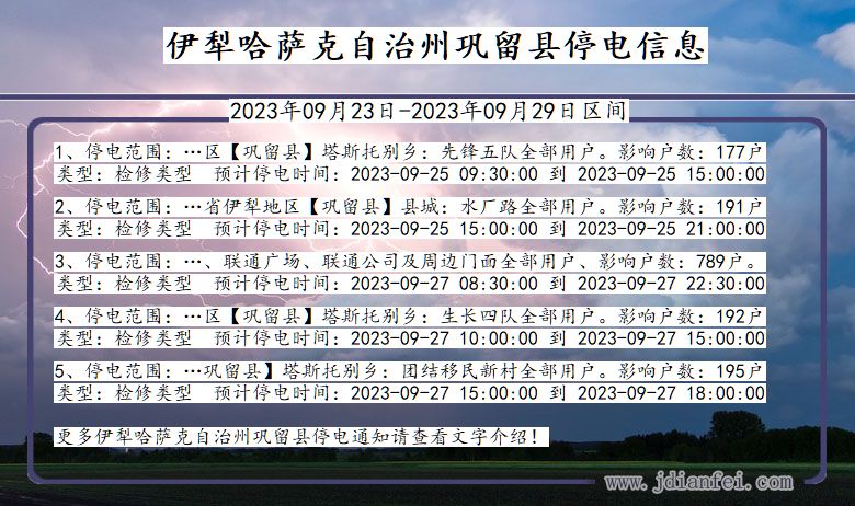 新疆维吾尔自治区伊犁哈萨克自治州巩留停电通知