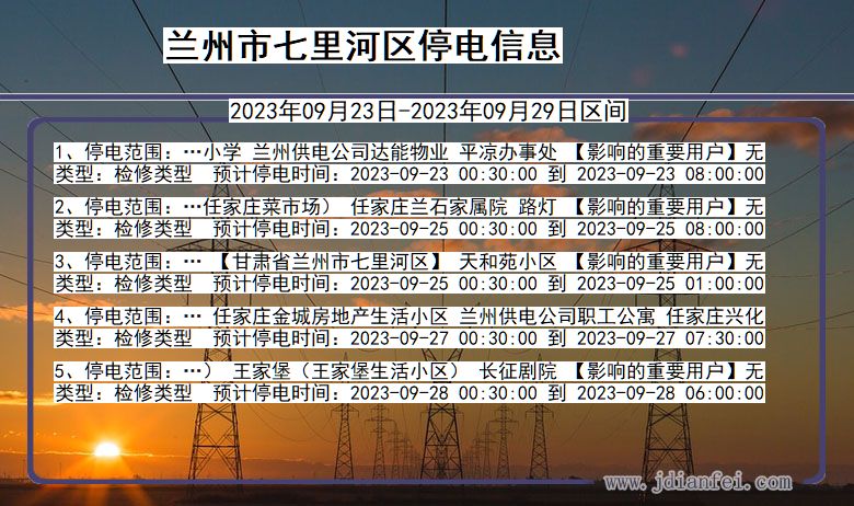 甘肃省兰州七里河停电通知