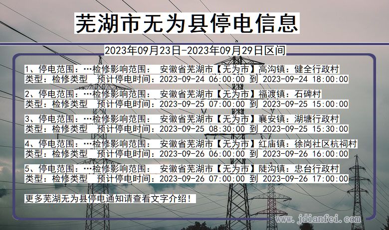 芜湖无为停电查询_2023年09月23日以后停电通知