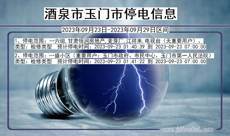 甘肃省酒泉玉门停电通知