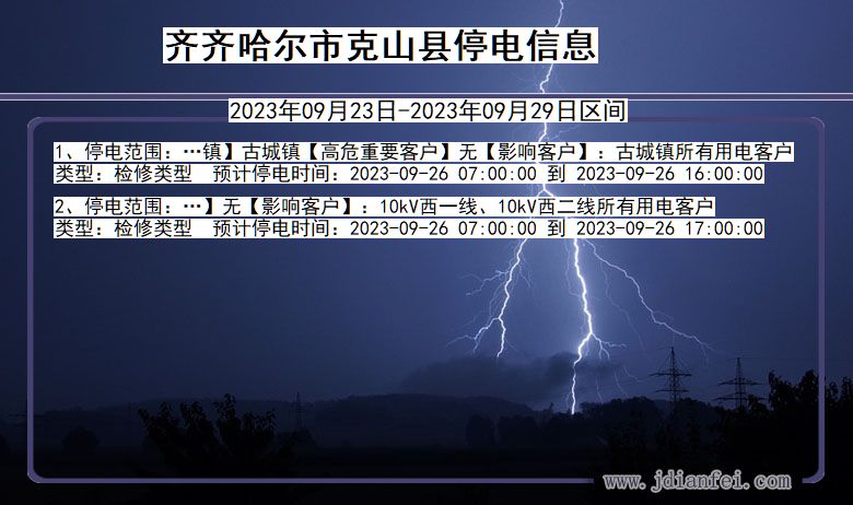 黑龙江省齐齐哈尔克山停电通知