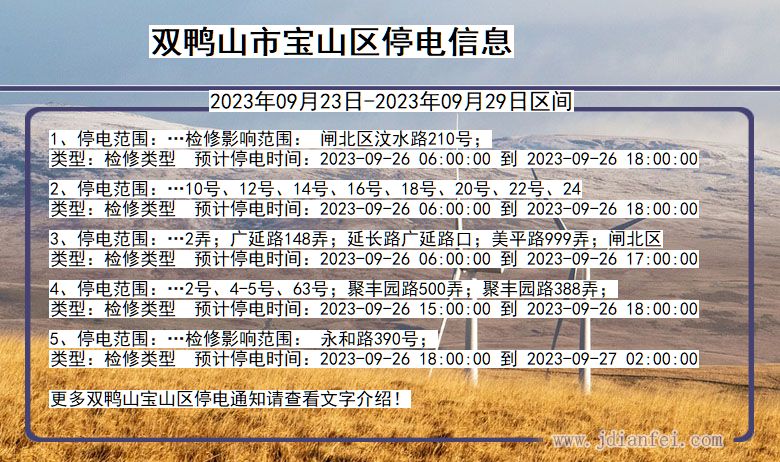 黑龙江省双鸭山宝山停电通知