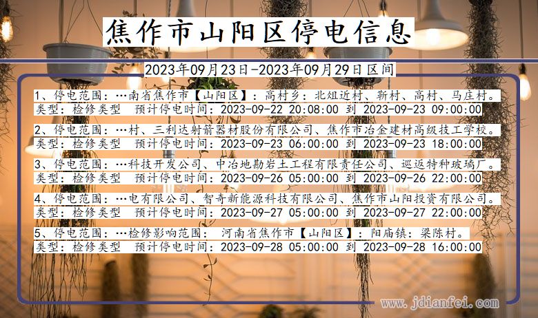 山阳停电_焦作山阳2023年09月23日至今天停电通知查询