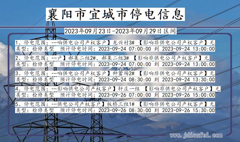 湖北省襄阳宜城停电通知