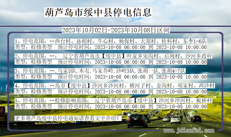 辽宁省葫芦岛绥中停电通知