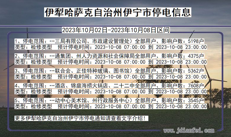 新疆维吾尔自治区伊犁哈萨克自治州伊宁停电通知