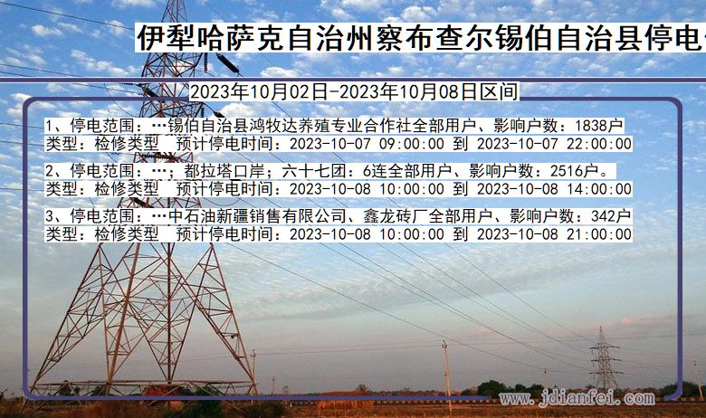 新疆维吾尔自治区伊犁哈萨克自治州察布查尔锡伯自治停电通知
