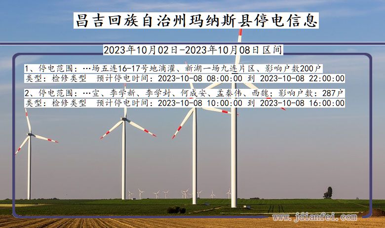 新疆维吾尔自治区昌吉回族自治州玛纳斯停电通知