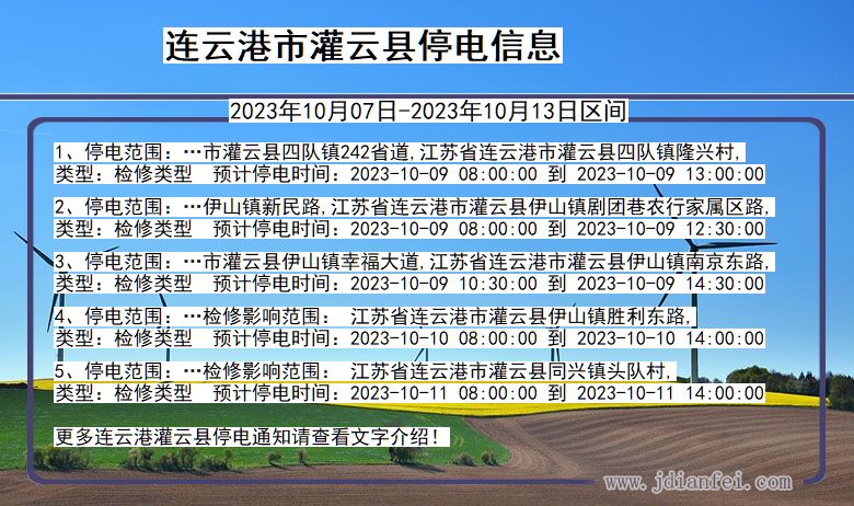 江苏省连云港灌云停电通知