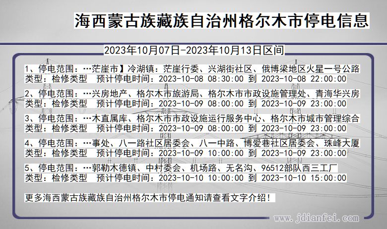 青海省海西蒙古族藏族自治州格尔木停电通知