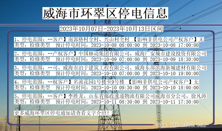 山东省威海环翠停电通知