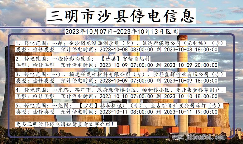 福建省三明沙县停电通知