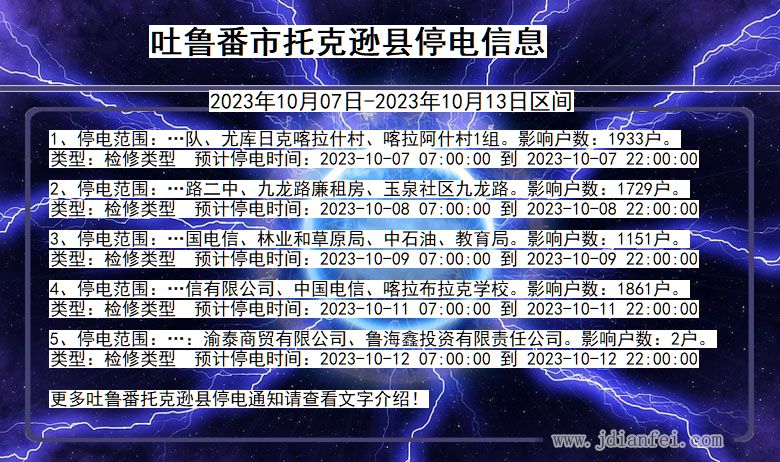 吐鲁番托克逊停电通知 新疆维吾尔自治区吐鲁番托克逊停电通知