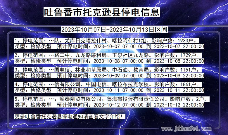 新疆维吾尔自治区吐鲁番托克逊停电通知