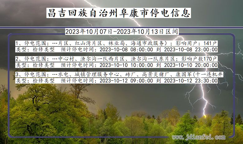 新疆维吾尔自治区昌吉回族自治州阜康停电通知