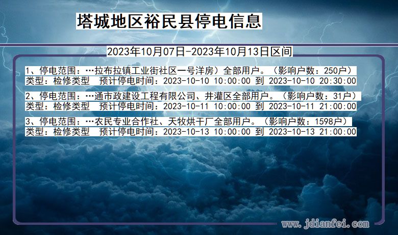 新疆维吾尔自治区塔城地区裕民停电通知