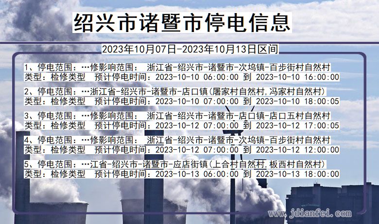 浙江省绍兴诸暨停电通知