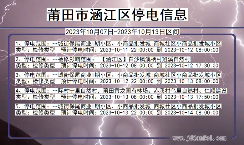 福建省莆田涵江停电通知