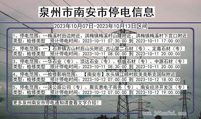 福建省泉州南安停电通知