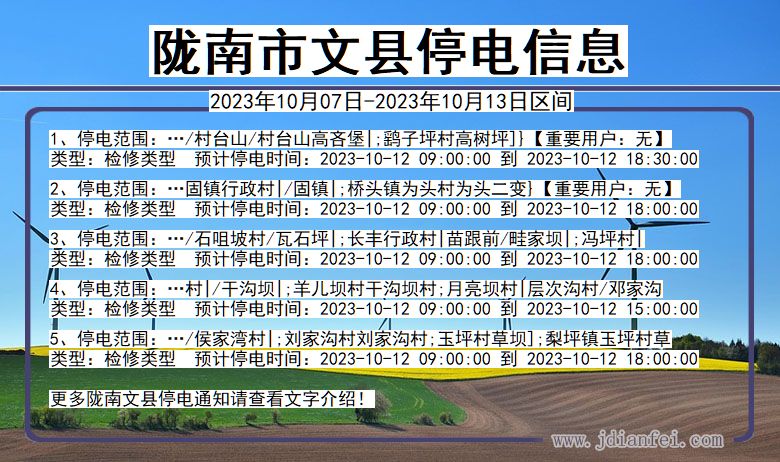 甘肃省陇南文县停电通知