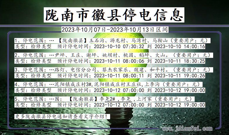 甘肃省陇南徽县停电通知