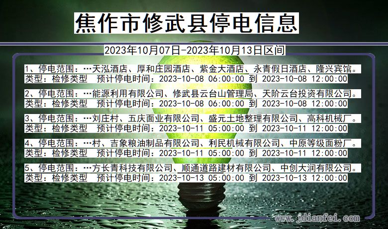 焦作修武停电通知 河南省焦作修武停电通知