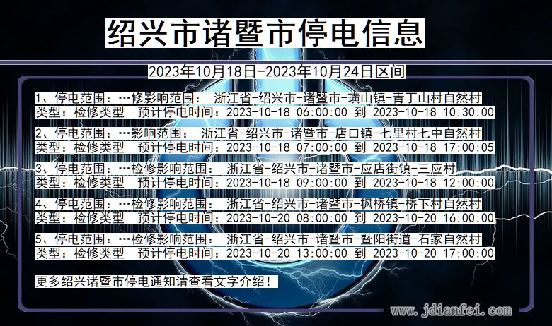 浙江省绍兴诸暨停电通知