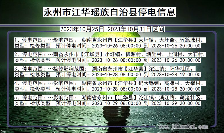 湖南省永州江华瑶族自治停电通知