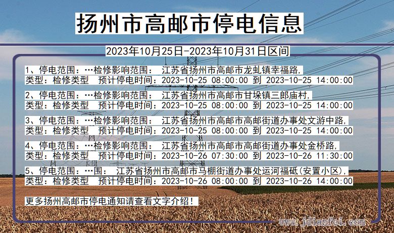 江苏省扬州高邮停电通知