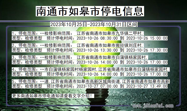 江苏省南通如皋停电通知