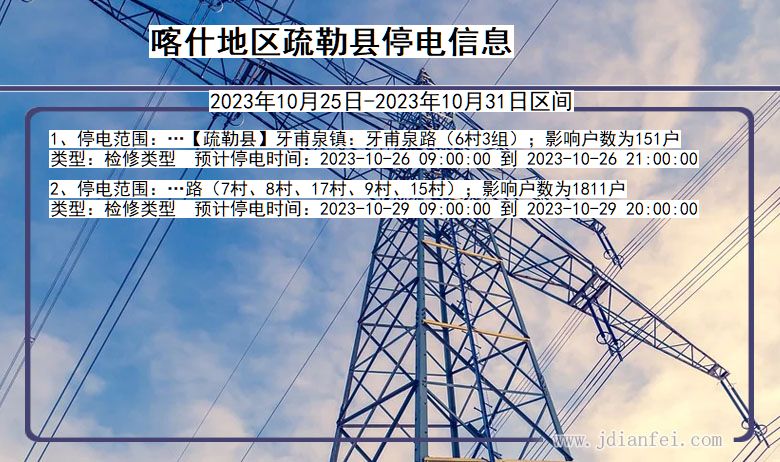 新疆维吾尔自治区喀什地区疏勒停电通知